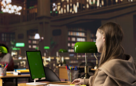 College student looks at a copy space screen on tablet while collecting notes