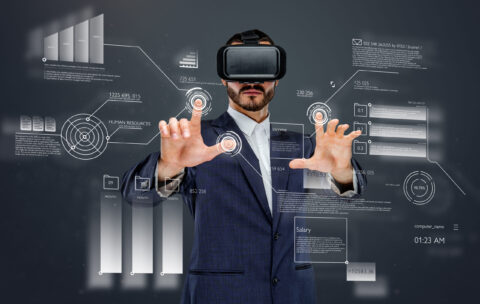 Male with virtual reality glasses.