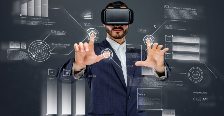 Male with virtual reality glasses.